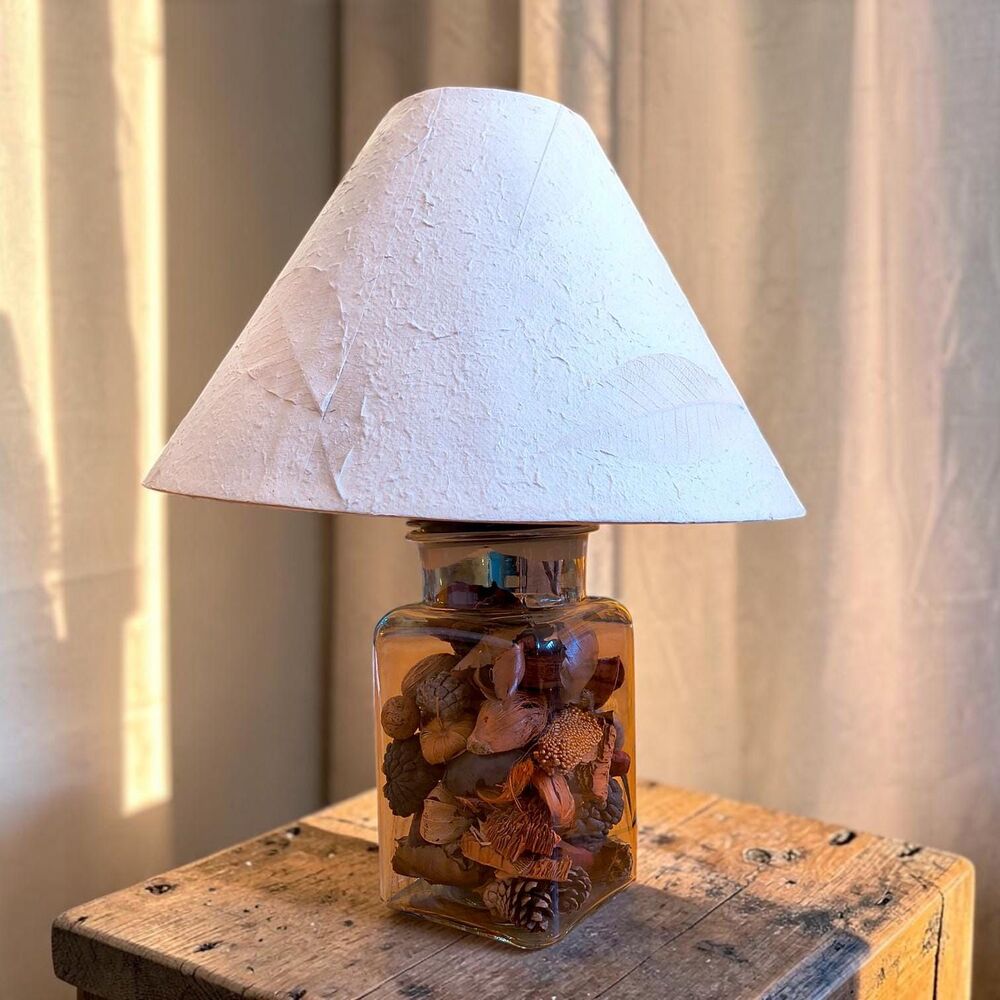 Vintage Glass Apothecary Jar Table Lamp Potpourri Filled Leaf Paper Shade